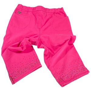 Quacker Factory Pants Womens L Pink Capri Pull On Rhinestone Heart Comfy Granny